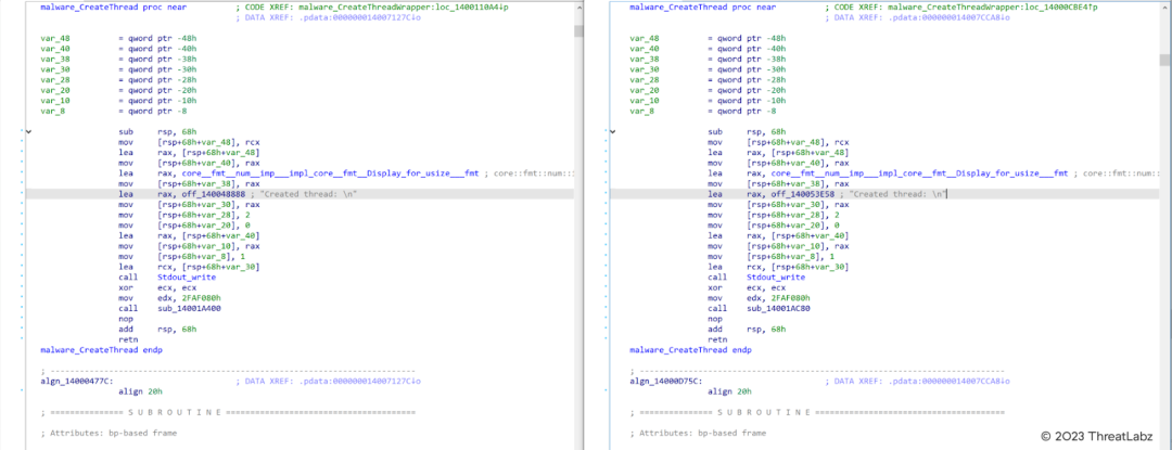 Figure 3. Comparison of CreateThread function and debug print statements in Nokoyawa 2.0 (left) and Nevada (right)